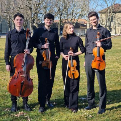 Vier Menschen mit Streichinstrumenten in der Hand stehen auf einer Wiese. 