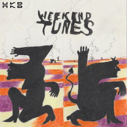Zeichnung mit linker und rechter Seite, auf beiden je eine abstrakte schwarze Figur mit Teufel-Schwanz. Figur ist auf einem Boden in Orange, Hellgelb und Violett. Darüber steht auch in schwarzer Schrift auf hellem Hintergrund «Weekend Tunes».