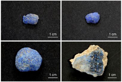 Abbildung von Pigmentkugeln in verschiedenen Grössen und eines Wandmalereifragments