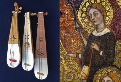 Prototypen der Saiteninstrumente Rabab und Rebec auf der rechten Seite, kirchliche Darstellung eines Engels mit dem Instrument in der Hand auf der rechten Seite.