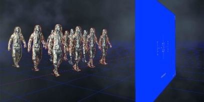 Bild aus einer Computeranimation. Menschen laufen auf einen blauen Bildschirm zu.