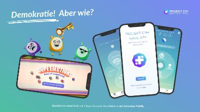 Visual in Blautönen mit der Aufschrift «Demokratie! Aber wie?» Mehrere Handys zeigen verschiedene Wahl-Apps.