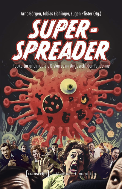 Buchvocer zu Superspreader. Darauf ist eine Illustration zu sehen, bei der angsterfüllte Menschen vor einem illustrierten Covid-19-Virus fliehen