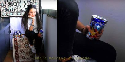 Zwei Bilder: Links sitzt eine Frau auf einem Stuhl und schaut traurig in die Kamera, sie hält ein Capri-Sun in der Hand. Rechts Nahaufnahme Capri-Sun.