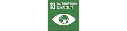 Grünes Quadrat mit weisser Schrift: 13 MASSNAHMEN ZUM KLIMASCHUTZ und Symbol eines Auges, wo die Erde die Iris darstellt.