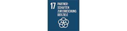 Blaues Quadrat mit weisser Schrift: 17 PARTNERSCHAFTEN ZUR ERREICHUNG DER ZIELE und ein Symbol