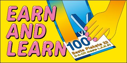 Symbolbild der Veranstaltung «100 beste Plakate 22» in Gelb. In pinker Schrift steht EARN AND LEARN. Ausserdem hat es eine blaue 100-er Note, die aber die Aufschrif Beste Plakate 22, statt Franken hat. Eine Hand mit pinken Nägeln greift danach.t 