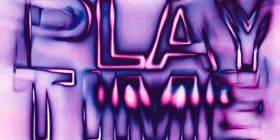 Playtime-Grafik in violetter und pinker Farbe.