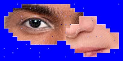 Pixel-Look: Blauer Hintergrund mit einem Aug- und einer Nase-Mund-Partie von zwei verschiedenen Menschen. Darüber liegt ein Netz, das die künstliche Intelligenz suggeriert.