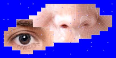 Bild aus der Bildwelt für die Diplomveranstaltungen 22 im Pixel-Style, blau mit Gesichtsausschnitten.