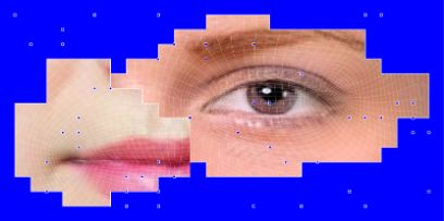 Blaues Bild der Diplomreihe mit Pixel-Style-Ausschnitte von Gesichtern: Mund und Auge