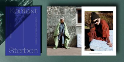 Links ist der Umschlag des Buchs «Kontext Sterben» zu sehen, in der Mitte zeigt ein Foto aus dem Buch einen Mann im Pyjama in eine Decke gehüllt und rechts sitzt eine Frau im Freien auf einer unbezogenen Matratze.