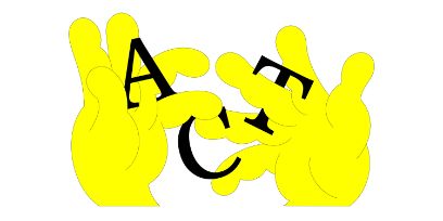 Zwei gelbe Hände auf weissem Hintergrund, die linke Hand hält den Buchstaben A, zwischen den Händen von zwei Fingern gehalten der Buchstabe C, in der rechten Hand der Buchstabe T. Die Buchstaben sind in schwarzer Farbe.