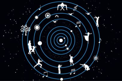 Symbole auf Kreisen dargestellt vor einem Universum im Hintergrund.