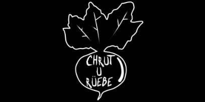 Auf schwarzem Hintergrund ist mit weissen Linien eine stilisierte Rübe dargestellt, die auf dem Rübenkörper den Schriftzug «Chrut u Rüebe» trägt.
