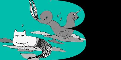 Schwarzweiss von einer Katze mit Fischschwanz und Robbe mit Horn auf dem Kopf und Meerjungfrau Schwanzflosse schweben auf Wolken vor einem Türkisblauen Hintergrund, überlagert am rechten Rand von einer schwarzen Fläche, sodass aus dem Türkisblau der Buchstabe B entseht.