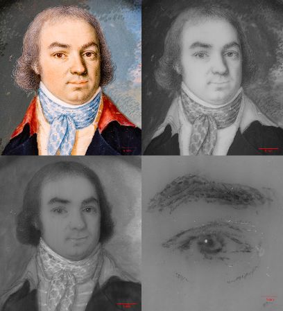 Vier Bildebenen eines männlichen Porträts: Zwei im oberen Teil des Bildes, das linke farbig, das rechte in Schwarzweiss. Unten links ein weiteres in Schwarzweiss, aber dunkler, und rechts die Nahaufnahme des rechten Auges 