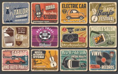 Twelve different advertising signs in the style of the 50s
