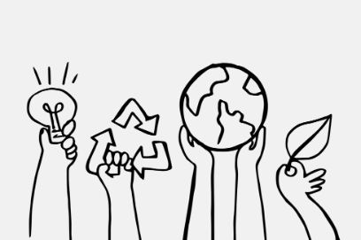 Graphic of hands lifting symbolic objects, from left to right: a light bulb, a triangular recycling symbol, a globe, a leaf.