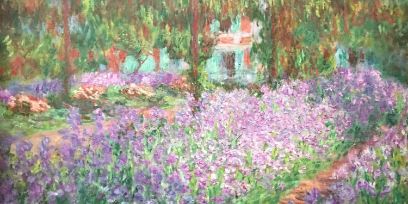 Impessionist oil painting of a flowerbed with a white building in the background