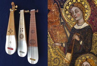 Links sind drei fellbespannte Saiteninstrumente zu sehen, rechts ein Bildausschnitt mit einem musizierenden Engel.