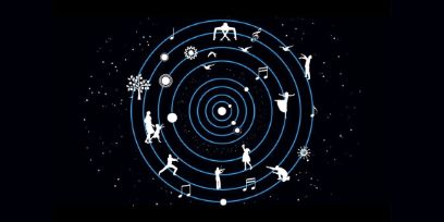 Grafik von konzentrischen Kreisen mit angedeutetem weissen Sonnensystem vor schwarzem Hintergrund, das Planeten und menschliche Figuren auf den Umlaufbahnen zeigt.