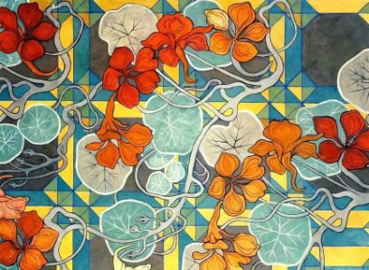Gemälde von Blumen- und Blätterranken vor einem geometrischen Muster in verschiedenen Farben.
