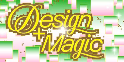 Der Schriftzug «Design + Magic» vor Quadraten in verschiedenen Grössen und Farben.