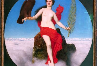 Eine allegorische Frauenfigur sitzt vor dem Hintergrund der Alpenkette auf einer Bergspitze über dem Wolkenmeer, auf dem Kopf eine phrygische Mütze, auf dem rechten Arm einen Adler, in der Linken einen Palmenzweig.