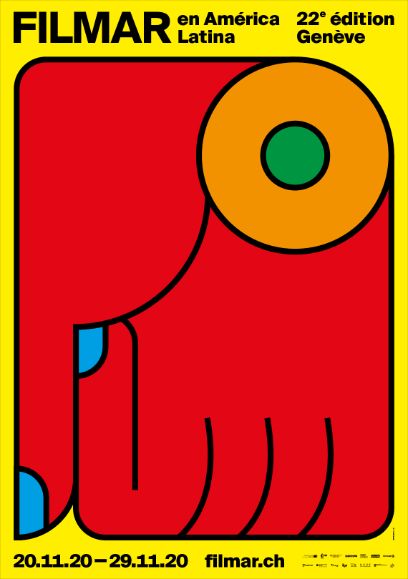 Filmar Plakat, rote Hand Grafik auf gelbem Hintergrund.