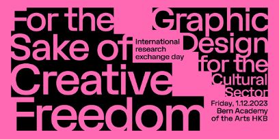 Grafik für den Event «For the Sake of Creative Freedom» Schwarzer Text auf pinkem Hintergrund