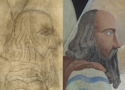 Ein Männerkopf mit langen Haaren und Bart im Profil, links als Strichzeichnung, rechts als Wandmalerei.