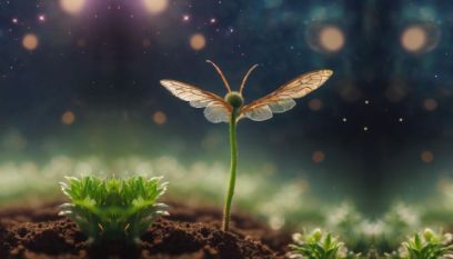 Eine Pflanze spriesst aus dem Boden. Die Pflanze hat oben am Stiel zwei Flügel und den Kopf, die Blüte, hat zwei Fühler. Ein AI-generiertes Bild
