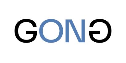 Schriftzug «GONG» auf weissem Hintergrund, das erste «G» ist schwarz, «ON» sind blau, das letzte «G» ist schwarz und steht auf dem Kopf.