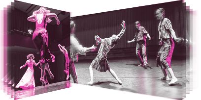 Dre Fotos von Tänzer*innen, verzerrt dargestellt, s/w mit Pink