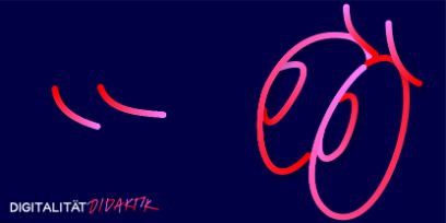Mit roten und blauen Strichen angedeutete Augen vor dunkelblauem Hintergrund. Links unten der Schriftzug «Digitalität Didaktik».