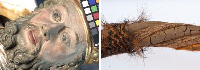 Zwei verschieden Bilder. Das Bild links zeigt den Kopf einer Holzstatue mit einem Farbmuster. Das rechte Bild zeigt mit Faser umwickelte Zweige.