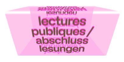 Graphique de l'événement de diplôme « Lecture finale » du SLI. Écriture noire sur fond rose tridimensionnel.