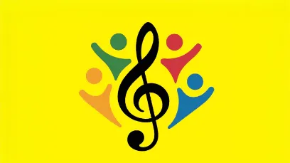 Grafik mit schwarzem Notenschlüssel auf gelbem Hintergrund mit bunten Elementen