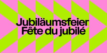 Grafik für das Jubiläum des Schweizerischen Literaturinstituts. Hellgrün und pinke Muster mit Text «Jubiläumsfeier»
