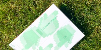 Couverture du numéro 15 de la revue «Liesette Littéraire», avec un gazon en arrière-plan.