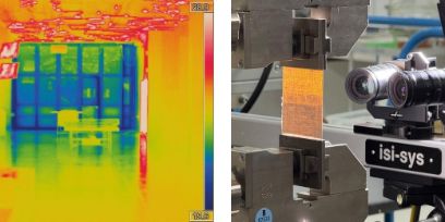 Zwei verschieden Bilder. Das Bild links zeigt die Aufnahme mit einer Wärmebildkamera. Das rechte Bild zeigt ein Binokular, das auf ein Spektralbild gerichtet ist.