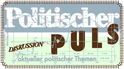 In Mint-Farbtönen mit weisser und schwarzer Schrift «Politischer Puls – Diskussion aktueller politischer Themen».