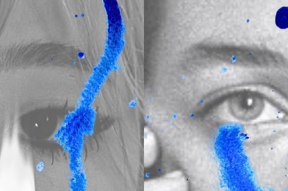 Nahaufnahme Auge in s/w mit blauem Farbakzent