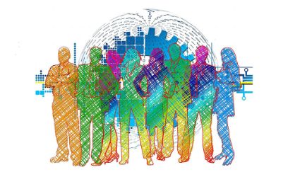 Keyvisual Hermes Tagung 2022: grafische Darstellung von in einer Reihe stehenden Männern und Frauen 