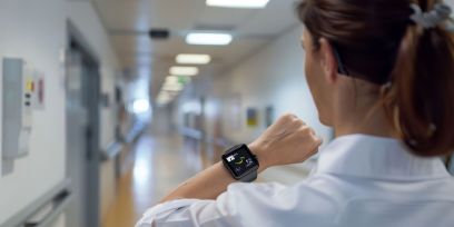 Eine Pflegefachfrau schaut auf eine Uhr. 