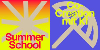 Eine Grafik die in der Mitte geteilt ist. Link: Warme Farben (Gelb- und Rottöne) und eine abstrakte Sonne, darüber steht Summer School. Rechts: dunkler Blauton mit einer Grafik eines Sonnenschirms, in Gelb steht der Titel der Veranstaltung.
