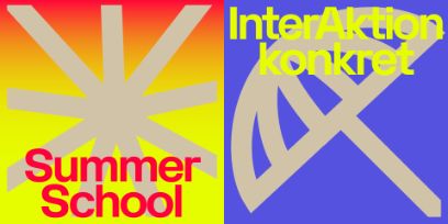 Eine Grafik die in der Mitte geteilt ist. Link: Warme Farben (Gelb- und Rottöne) und eine abstrakte Sonne, darüber steht Summer School. Rechts: dunkler Blauton mit einer Grafik eines Sonnenschirms, in Gelb steht der Titel der Veranstaltung.