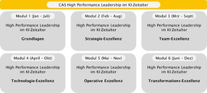 Schematische Übersicht der Module, die das CAS High Performance Leadership im KI-Zeitalter bilden.