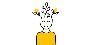 Illustration einer Person, die lächelt. Aus dem Kopf wachsen Blumen.